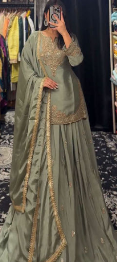 Green color Long Lehenga Choli in Chinon Silk fabric with Embroidered, Sequence, Thread work