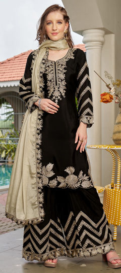 Black and Grey color Salwar Kameez in Chinon Silk fabric with Embroidered, Zari work