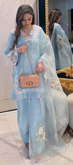 Blue color Salwar Kameez in Chinon Silk fabric with Embroidered, Thread work
