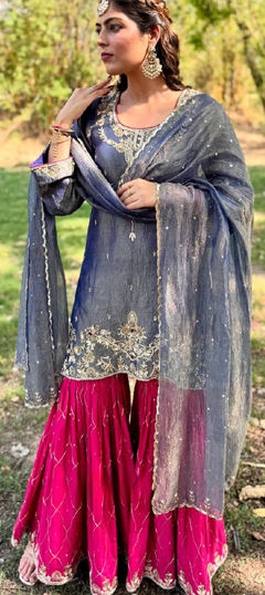Blue color Salwar Kameez in Tissue fabric with Embroidered, Thread work