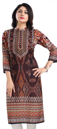 Beige and Brown color Kurti in Muslin fabric with Digital Print work