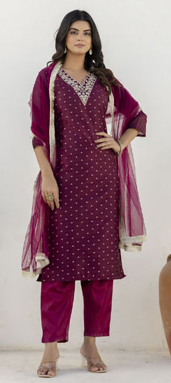 Purple and Violet color Salwar Kameez in Chanderi Silk fabric with Embroidered, Thread work