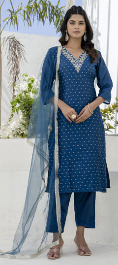 Blue color Salwar Kameez in Chanderi Silk fabric with Embroidered, Thread work