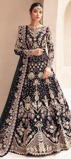 Black and Grey color Salwar Kameez in Net fabric with Embroidered, Thread, Zari work