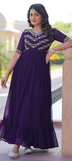 Purple and Violet color Gown in Georgette fabric with Bugle Beads, Embroidered, Sequence, Thread work
