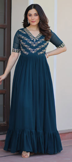 Blue color Gown in Georgette fabric with Bugle Beads, Embroidered, Sequence, Thread work