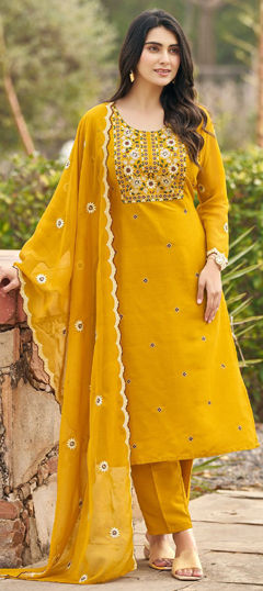 Yellow color Salwar Kameez in Rayon fabric with Embroidered, Resham, Thread work