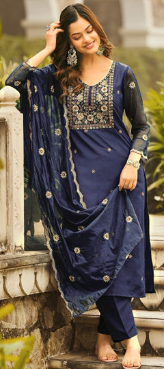 Blue color Salwar Kameez in Rayon fabric with Embroidered, Resham, Thread work