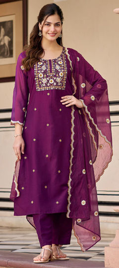 Purple and Violet color Salwar Kameez in Rayon fabric with Embroidered, Resham, Thread work