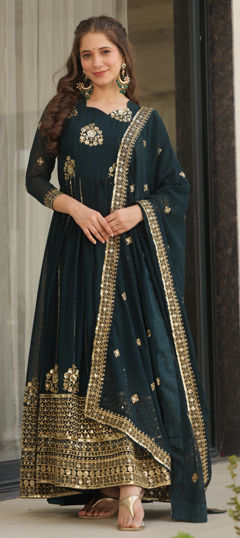 Blue color Gown in Faux Georgette fabric with Embroidered, Sequence, Zari work