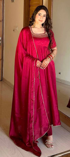 Pink and Majenta color Salwar Kameez in Tissue fabric with Embroidered work