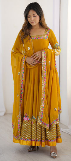 Yellow color Salwar Kameez in Georgette fabric with Embroidered, Sequence work