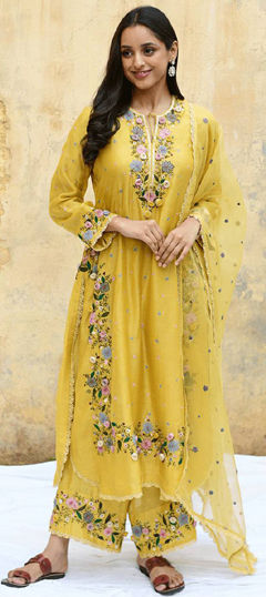 Yellow color Salwar Kameez in Faux Georgette fabric with Embroidered, Resham, Sequence, Thread work