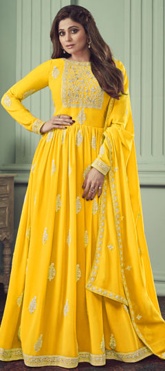 Yellow color Salwar Kameez in Faux Georgette fabric with Embroidered, Thread work