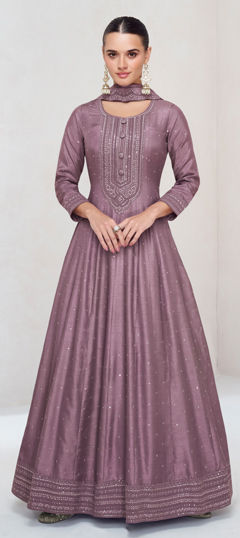 Purple and Violet color Gown in Silk fabric with Embroidered, Sequence, Thread work