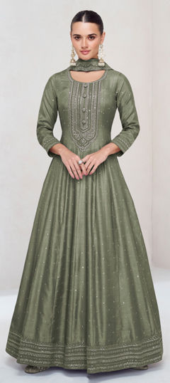 Green color Gown in Silk fabric with Embroidered, Sequence, Thread work