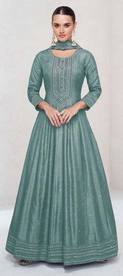 Blue color Gown in Silk fabric with Embroidered, Sequence, Thread work