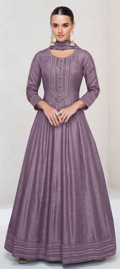 Purple and Violet color Gown in Silk fabric with Embroidered, Sequence, Thread work
