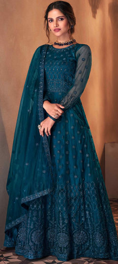 Blue color Salwar Kameez in Net fabric with Embroidered, Sequence work