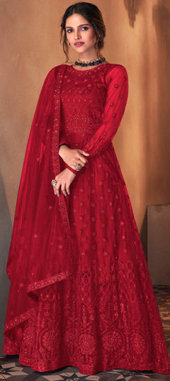 Red and Maroon color Salwar Kameez in Net fabric with Embroidered, Sequence work