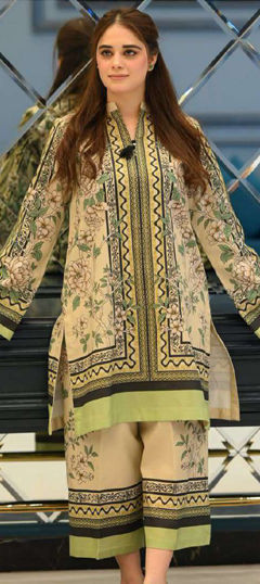 Beige and Brown color Salwar Kameez in Crepe Silk fabric with Floral, Printed work