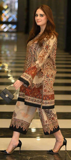 Beige and Brown color Salwar Kameez in Crepe Silk fabric with Printed work