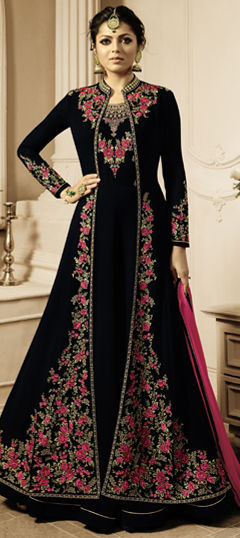 Black and Grey color Salwar Kameez in Faux Georgette fabric with Embroidered, Stone work