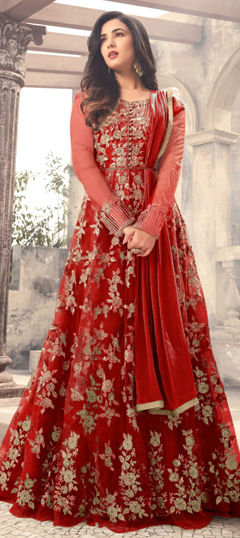 Red and Maroon color Salwar Kameez in Net fabric with Embroidered work