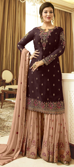 Red and Maroon color Salwar Kameez in Faux Georgette fabric with Embroidered, Resham work