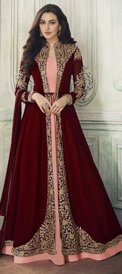 Pink and Majenta, Red and Maroon color Salwar Kameez in Faux Georgette fabric with Embroidered, Stone, Thread work