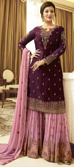 Pink and Majenta color Salwar Kameez in Faux Georgette fabric with Embroidered, Resham work