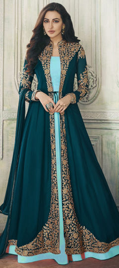 Blue color Salwar Kameez in Faux Georgette fabric with Embroidered, Stone, Thread work