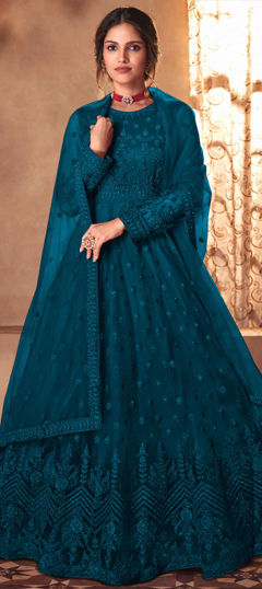 Blue color Salwar Kameez in Net fabric with Embroidered, Sequence work