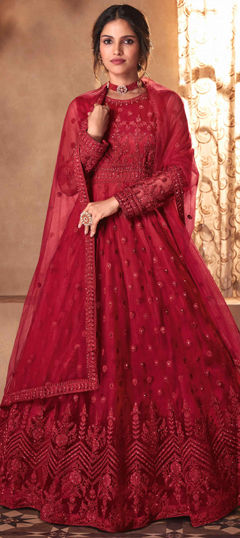 Red and Maroon color Salwar Kameez in Net fabric with Embroidered, Sequence work