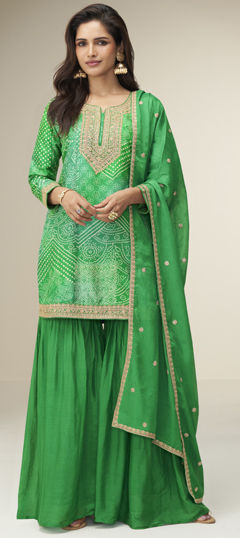 Green color Salwar Kameez in Chinon Silk fabric with Bandhej, Embroidered, Printed, Sequence work