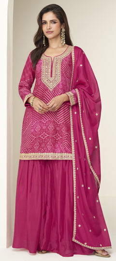 Pink and Majenta color Salwar Kameez in Chinon Silk fabric with Bandhej, Embroidered, Printed, Sequence work