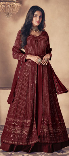 Red and Maroon color Salwar Kameez in Faux Georgette fabric with Embroidered, Sequence work