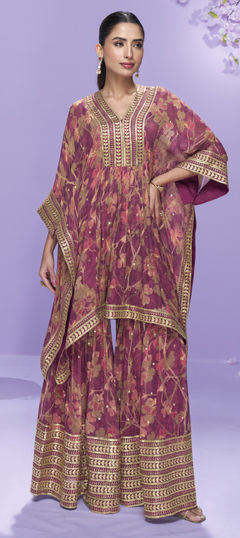 Red and Maroon color Salwar Kameez in Georgette fabric with Embroidered, Floral, Printed work