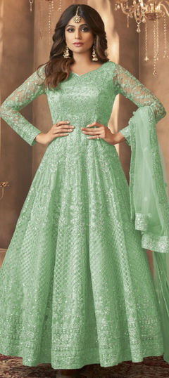 Green color Salwar Kameez in Net fabric with Embroidered, Sequence work