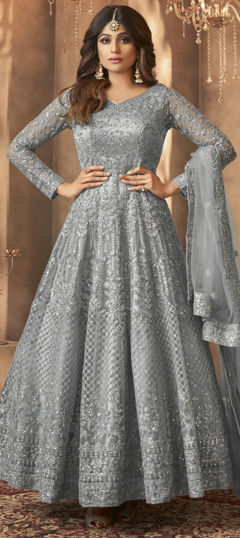 Black and Grey color Salwar Kameez in Net fabric with Embroidered, Sequence work