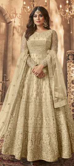 Beige and Brown color Salwar Kameez in Net fabric with Embroidered, Sequence, Thread work
