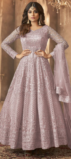 Purple and Violet color Salwar Kameez in Net fabric with Embroidered, Sequence work