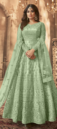 Green color Salwar Kameez in Net fabric with Embroidered, Sequence, Thread work