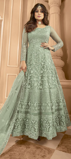 Green color Salwar Kameez in Net fabric with Embroidered, Sequence, Thread work