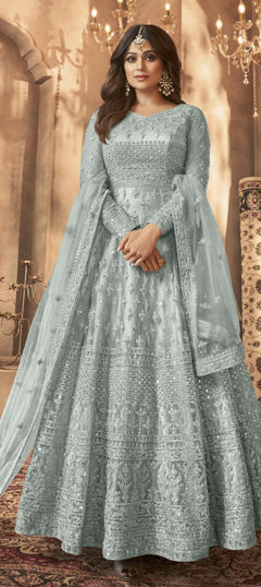Blue color Salwar Kameez in Net fabric with Embroidered, Sequence, Thread work