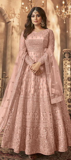 Pink and Majenta color Salwar Kameez in Net fabric with Embroidered, Sequence, Thread work