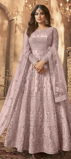 Pink and Majenta color Salwar Kameez in Net fabric with Embroidered, Sequence, Thread work