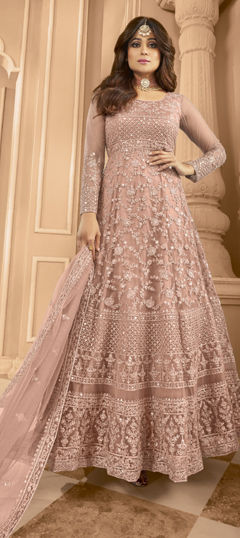 Beige and Brown color Salwar Kameez in Net fabric with Embroidered, Sequence, Thread work