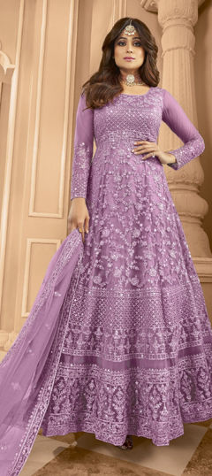 Purple and Violet color Salwar Kameez in Net fabric with Embroidered, Sequence, Thread work