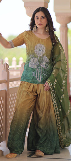 Multicolor color Salwar Kameez in Chinon Silk fabric with Bandhej, Cut Dana, Embroidered, Printed, Sequence work